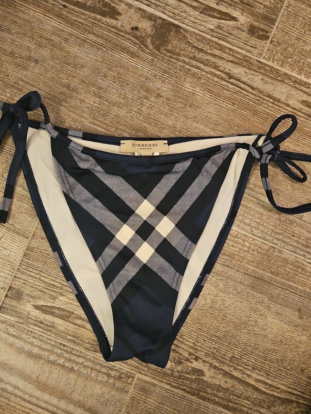 Burberry Navy Blue Plaid Tie-Side Bikini Bottom - Picture 3 of 4